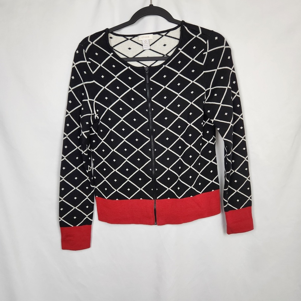 Chicos Black White Cardigan Small‎ Size 4 Diamond Full Zip Red Band